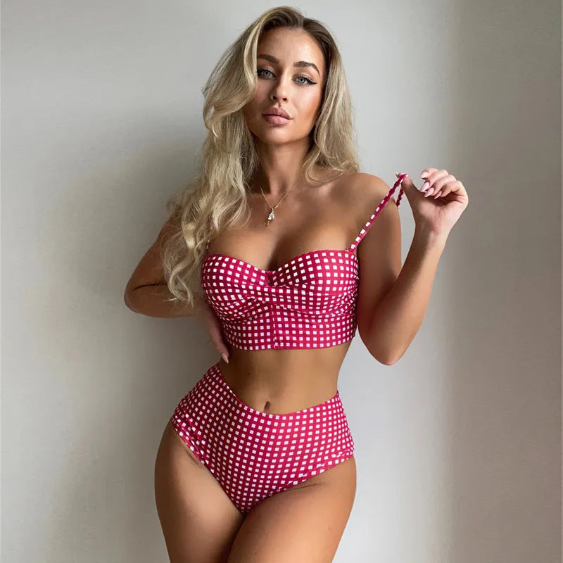 Women's high-waisted plaid bikini swimsuit with removable cups in rose red colour