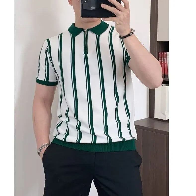 Men's Korean vintage stripe T-shirt with zipper detail and cartoon pattern