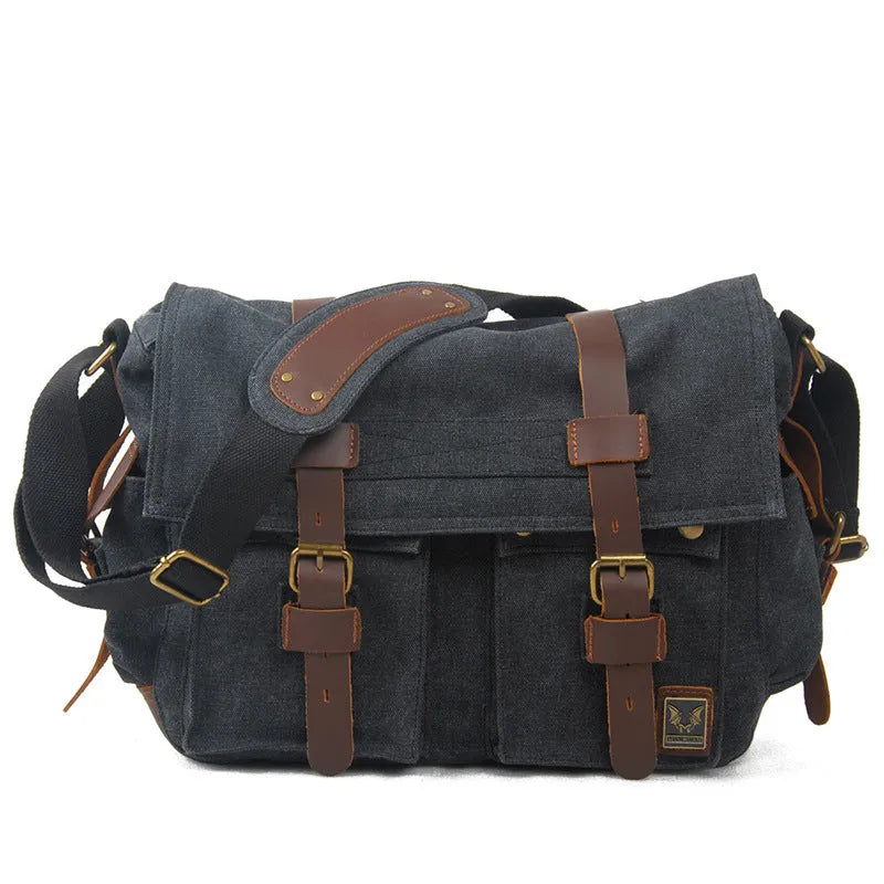 Men's retro canvas crossbody shoulder bag with flap closure and cowhide detailing in multiple colour options