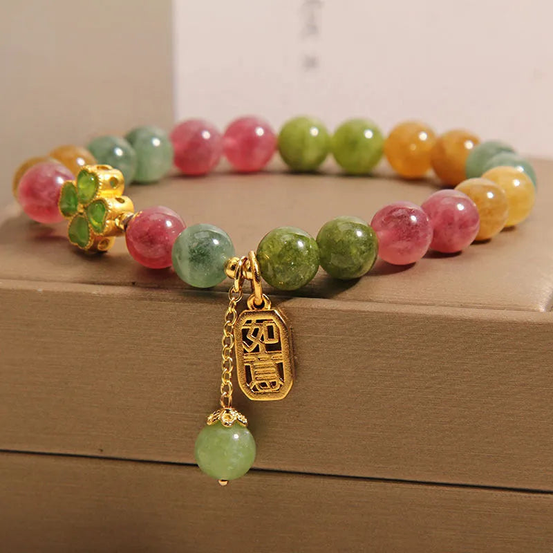 Natural tourmaline ruyi pendant bracelet for women with alloy inlay and rhinestone accents on wrist
