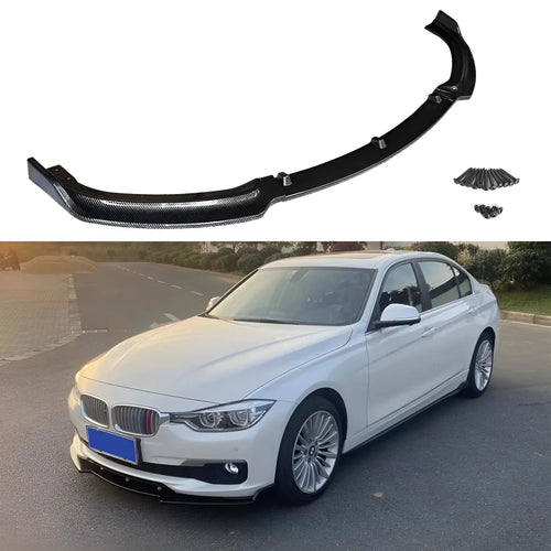 Bright black polypropylene front bumper lip spoiler for BMW 3 Series F30 F35 models.