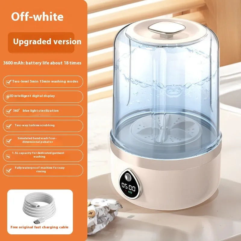 White portable USB-powered mini washing machine on a countertop.