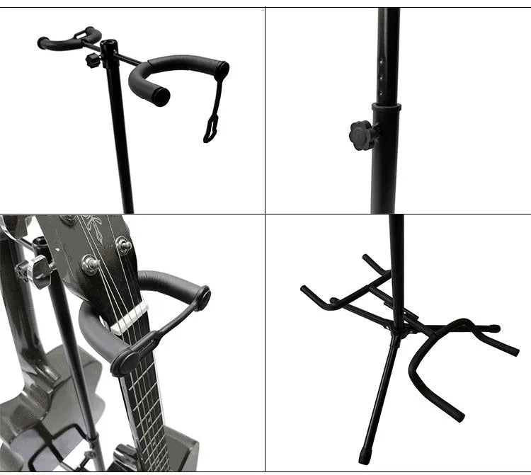 Black vertical double-headed adjustable guitar stand showing iron construction and height adjustment mechanism