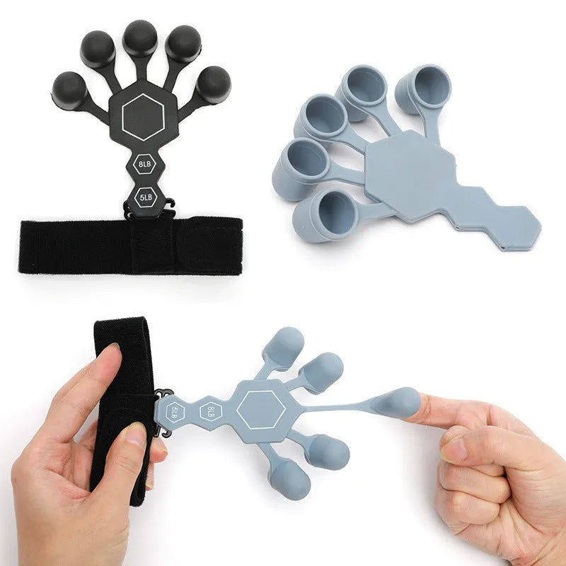 A black or grey silicone five-finger hand trainer for adult grip strength and rehabilitation.