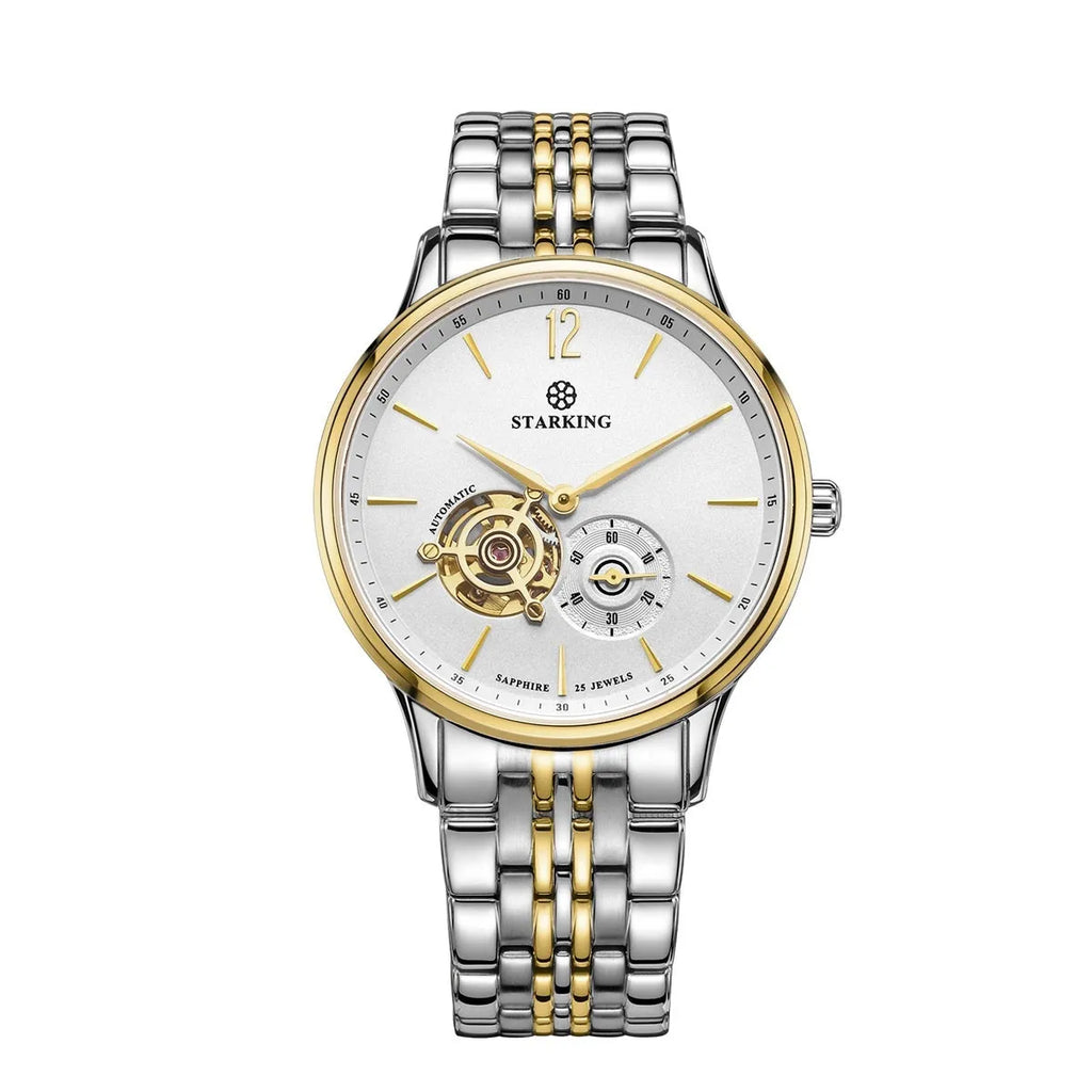 Men's stainless steel automatic watch with brown leather strap and hollow three-needle dial on white background.