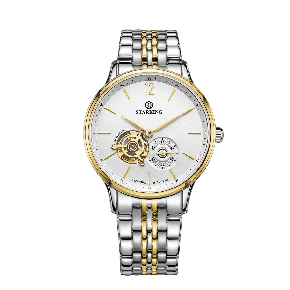 Men's stainless steel automatic watch with brown leather strap and hollow three-needle dial on white background.