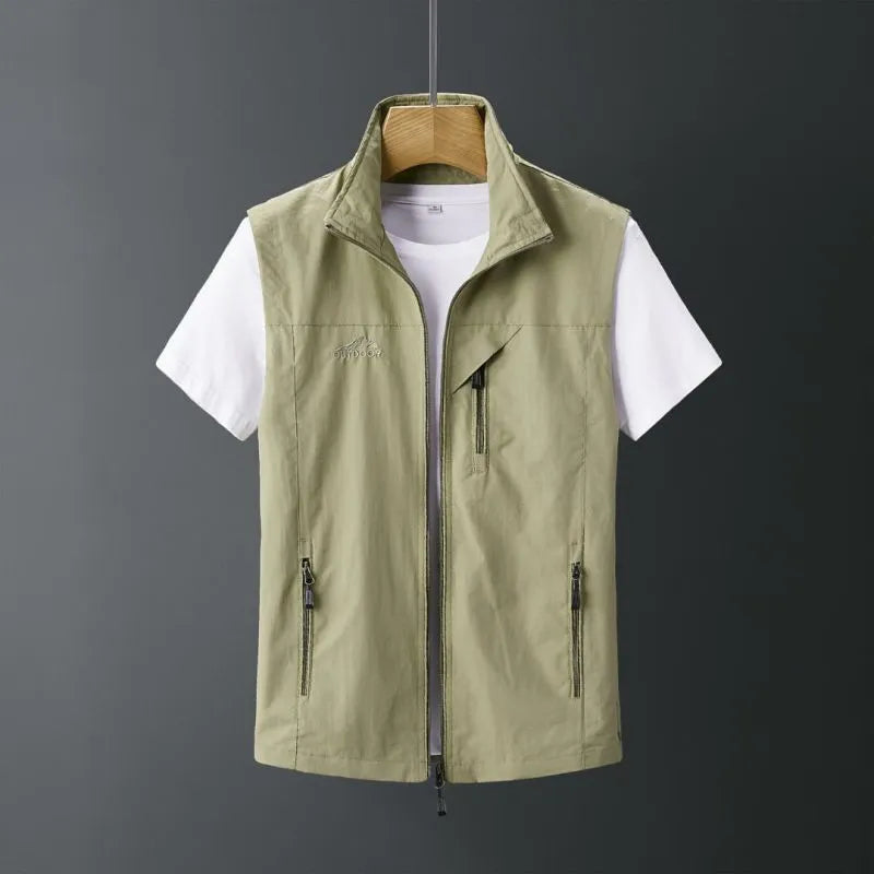 Men's slim fit rabbit fur waistcoat with an attached hood in army green colour.