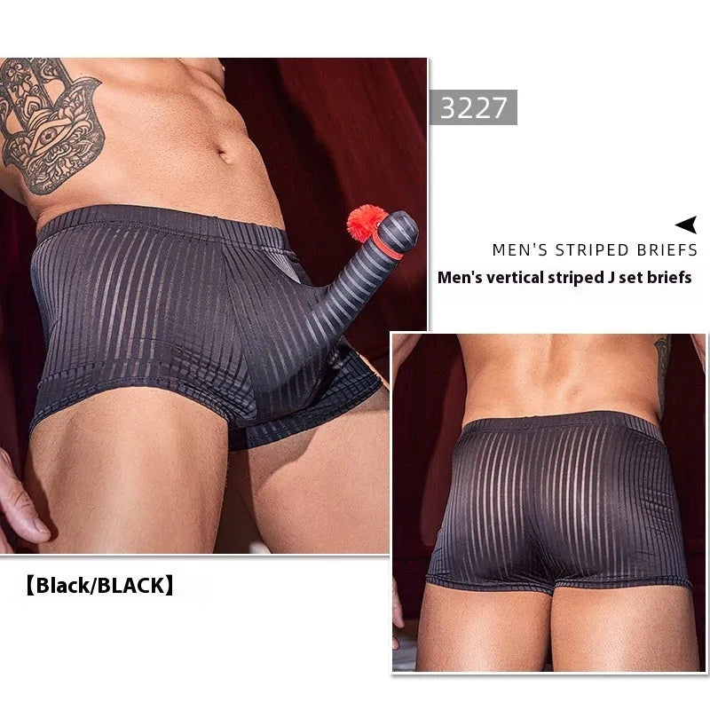 Men's black striped boxer briefs made from breathable nylon fabric.