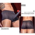 Men's black striped nylon boxer briefs laid flat, showing vertical pattern and elastic waistband.