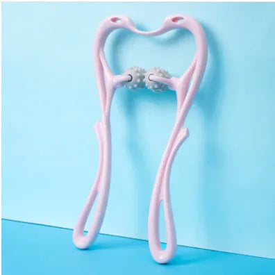 Pink or blue six-roller manual neck massager with jade scraping board, approx 35cm x 18cm