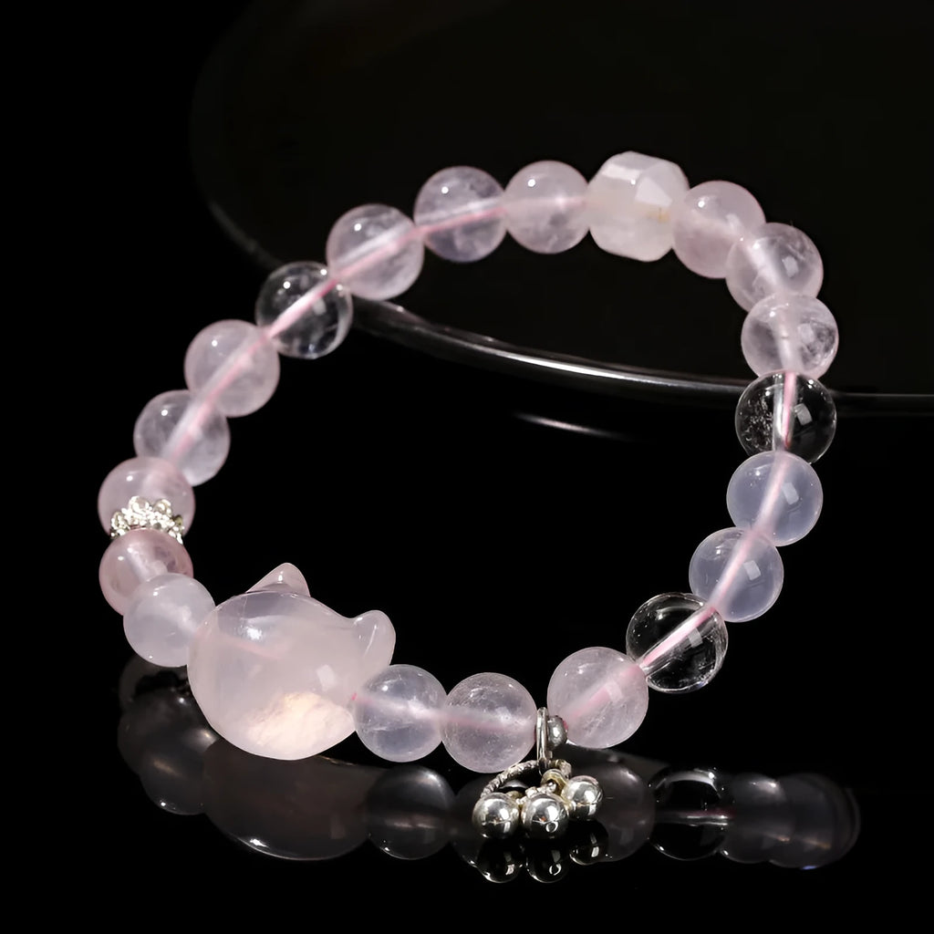 Handmade starlight pink crystal cat head bracelet with copper setting