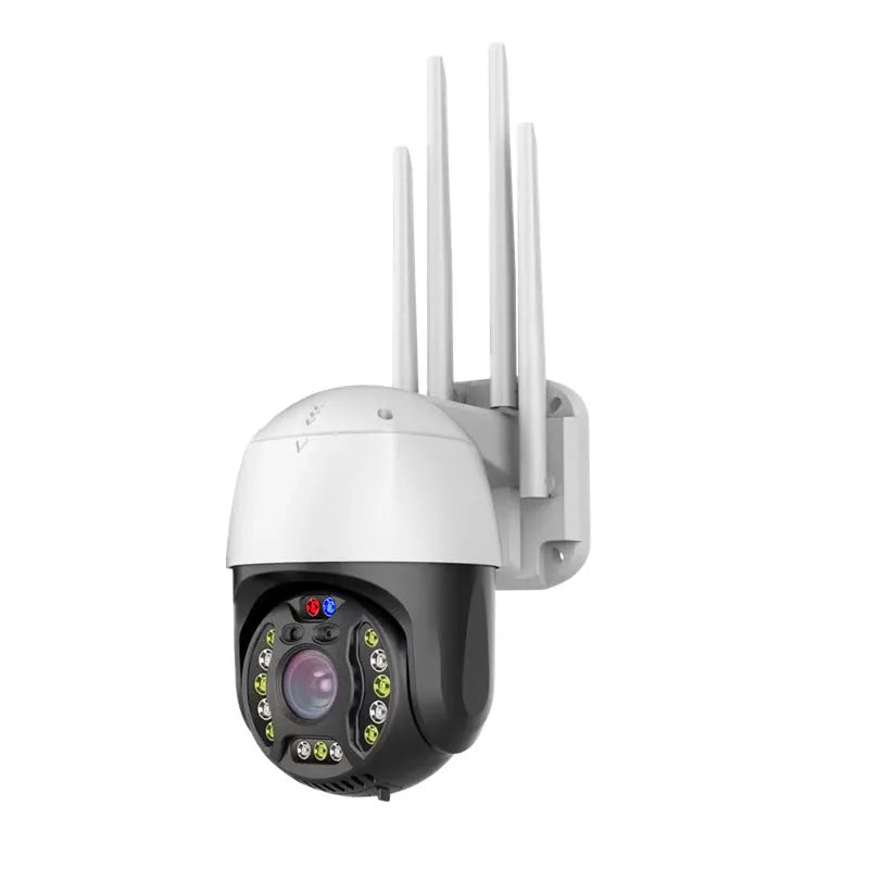 Outdoor dome surveillance camera with 360-degree rotation on a wall mount, showing infrared LEDs for night vision.