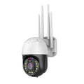 Outdoor dome surveillance camera with 360-degree rotation on a wall mount, showing infrared LEDs for night vision.