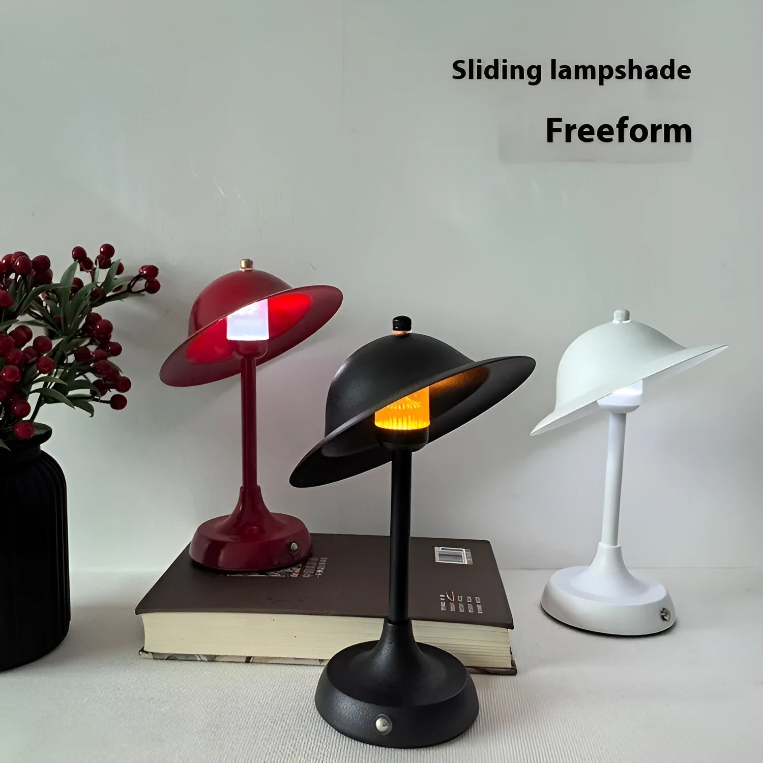 Creative sliding variety of shapes USB table lamp in black and white options 150x230mm