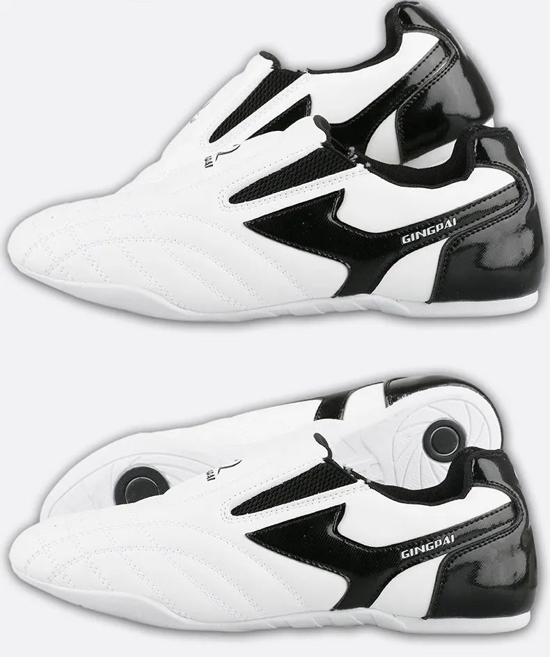 Black and white children's martial arts shoes with soft-bottom design for Sanda and taekwondo training
