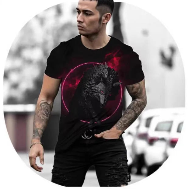 Retro 3D animal graphic printed on a men's short sleeve grey t-shirt.