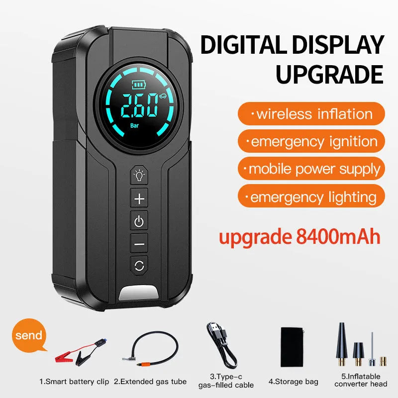 Black portable air pump with a digital display, power cord, and accessory nozzles for inflating car and bike tyres.