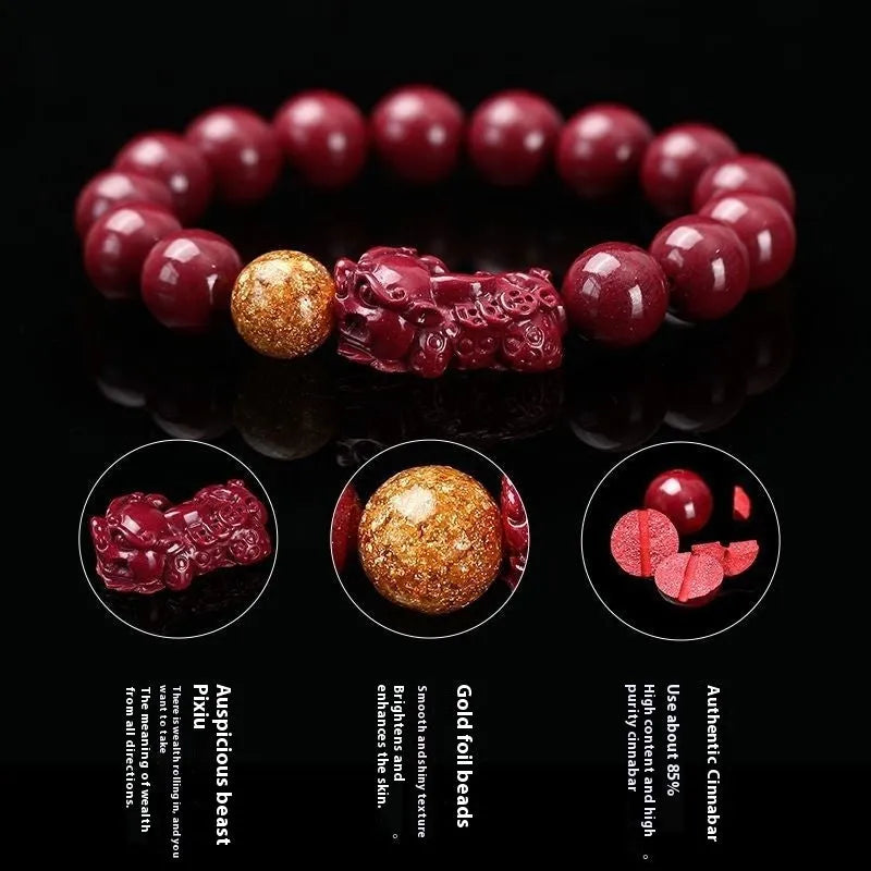Purple gold sandstone cinnabar bracelet with Year Of Fate totem pattern in three bead sizes