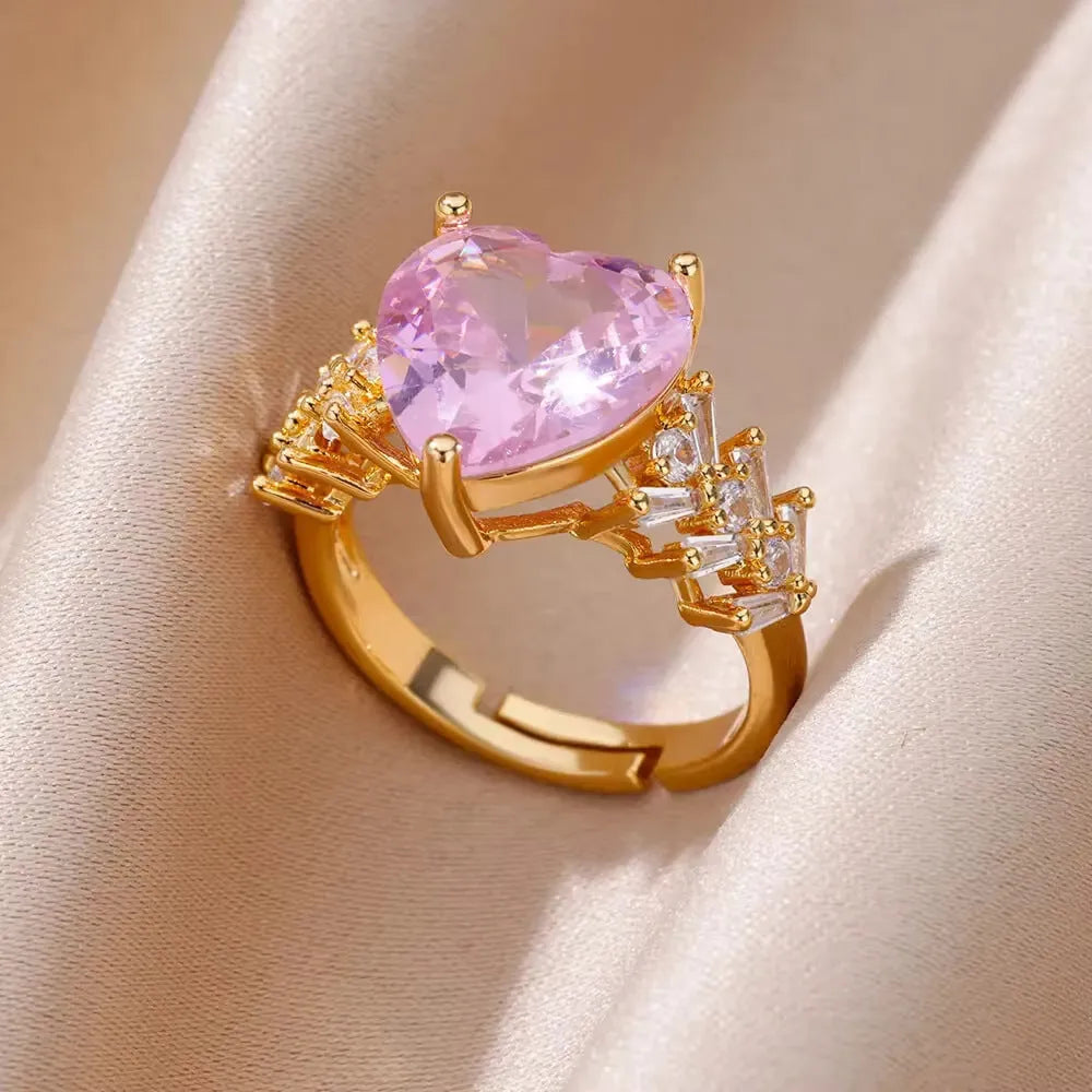 Adjustable 18K gold plated love emerald ring with synthetic zircon for women, open mouth copper design