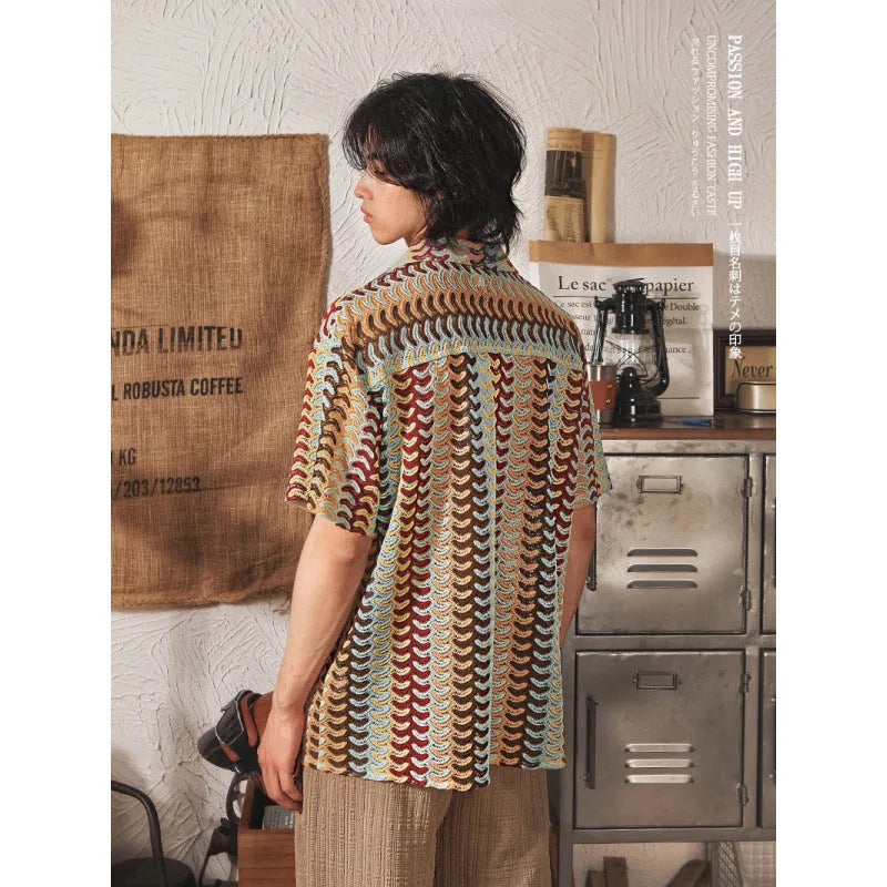 Japanese style Cuban collar polyester shirt in grey and red colours with hollow jacquard design