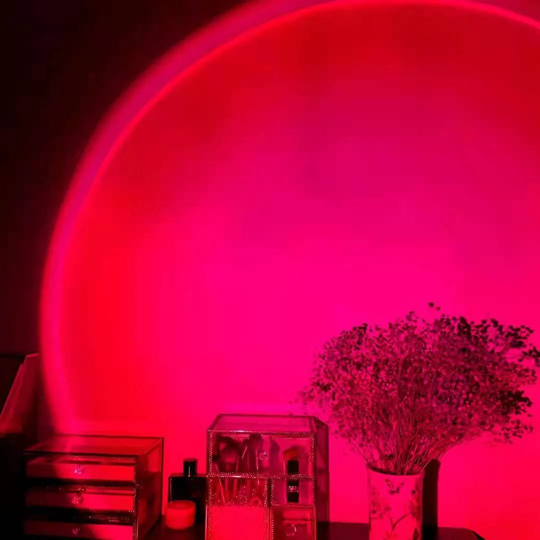 USB rechargeable rainbow sunset projection lamp showing sunset red colour effects