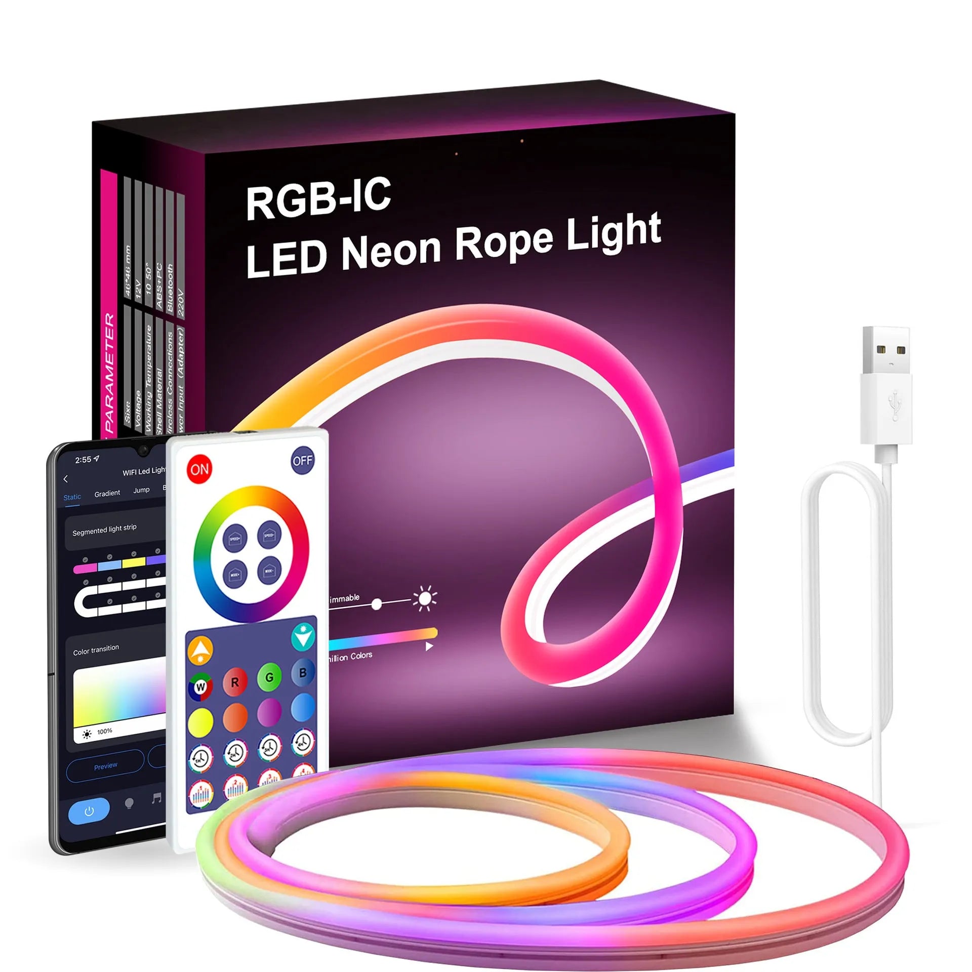 3-metre flexible USB neon LED strip light with remote control for DIY indoor decoration.