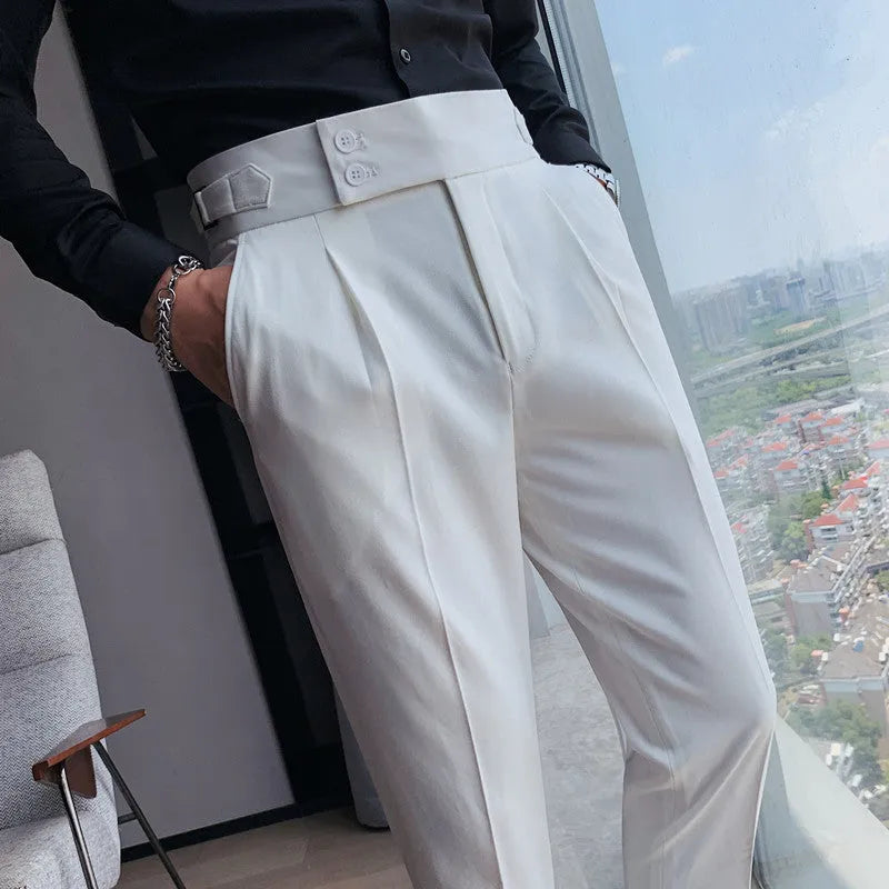 Men's straight leg polyester trousers in solid colours showing front and side views