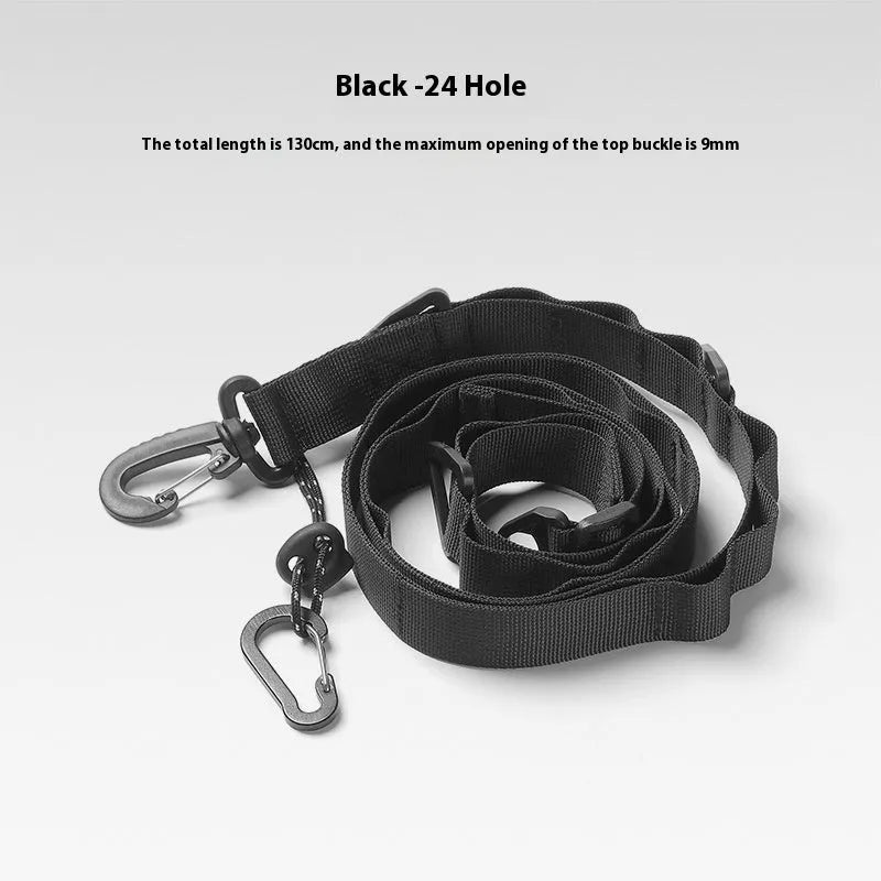 130cm long black outdoor hanging rope clothesline and storage belt laid out flat.