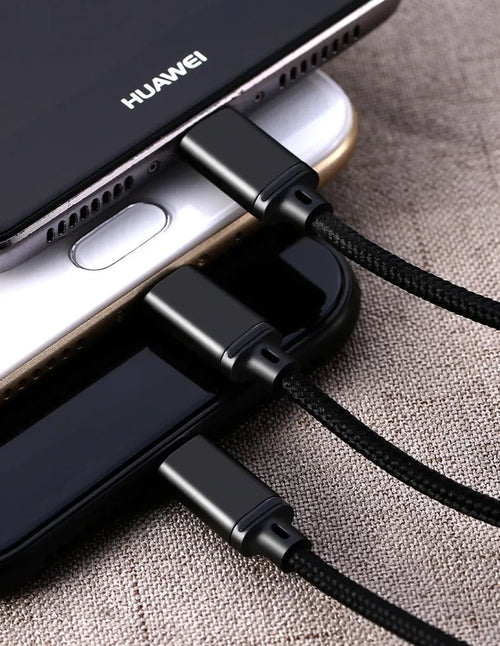Braided charging cable with USB, Micro USB, and Type-C connectors, 1.15m, black