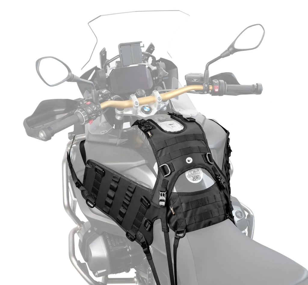 Black polyester motorcycle fuel tank mounting base measuring 100cm by 40cm for cargo bags