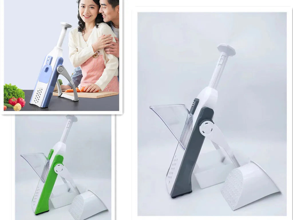 White and blue multifunctional vegetable slicer with stainless steel blades on a kitchen counter.