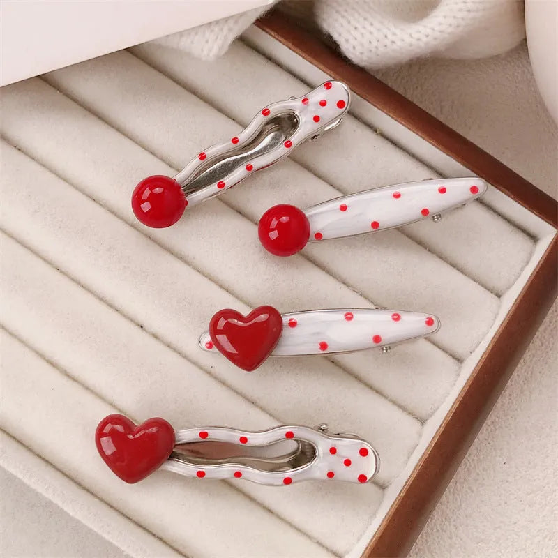 Red stereo love heart-shaped hairpin with French retro dots and willow leaf design