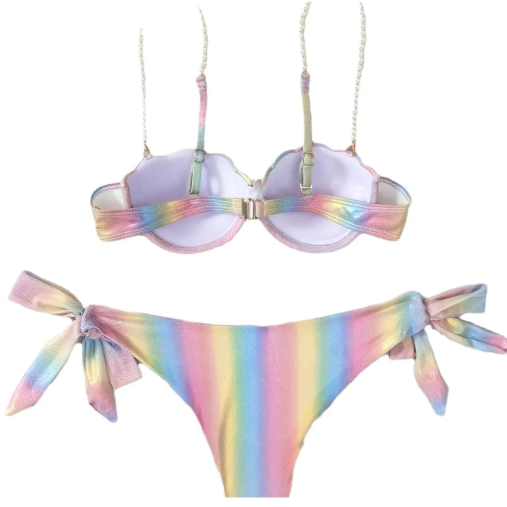 Women's rainbow shell coloured split bikini with tied design for swimming sports