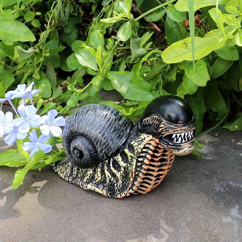 Resin evil snail character sculpture for modern garden decoration outdoors.