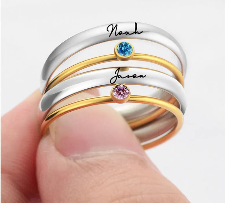 December birthstone titanium steel ring with geometric design and engraved pattern