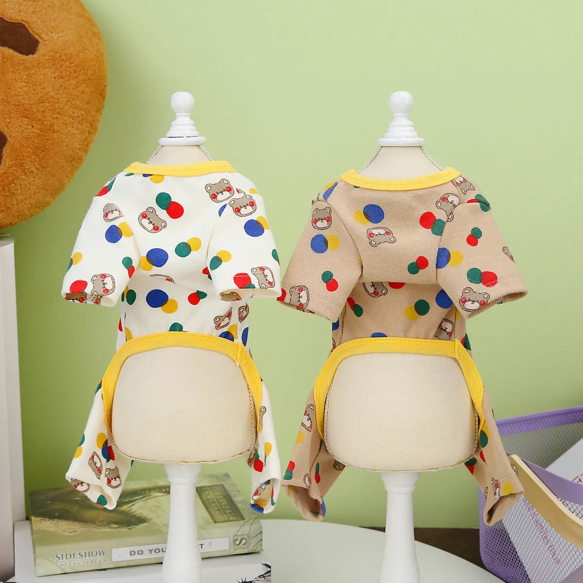 Dog pet clothes with colourful ball bear design in beige or light brown, cotton blend, sizes S-XXL