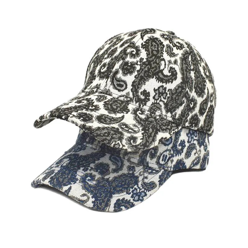 Polyester baseball cap with printed paisley pattern in blue colour showing dome crown design