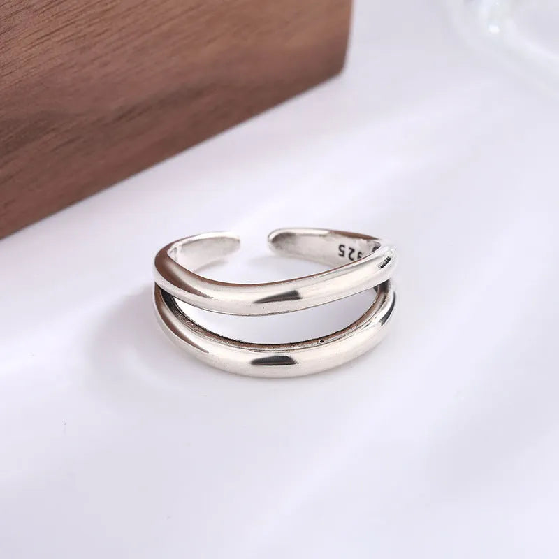 Women's double layer hollow geometry ring in retro electroplated copper with adjustable opening