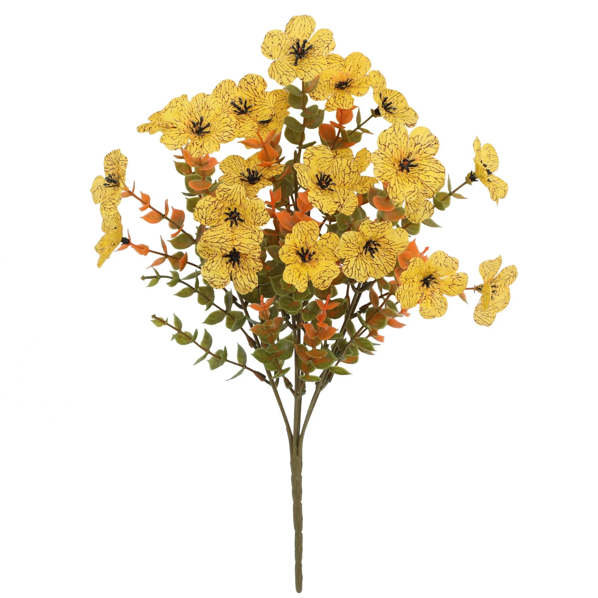 Plastic artificial flower bouquet with silk details in autumn orange, orange yellow, red or yellow for home and wedding decoration