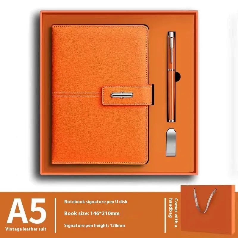 A5 notebook with PU leather cover in choice of colour, shown open on wood-free paper pages.