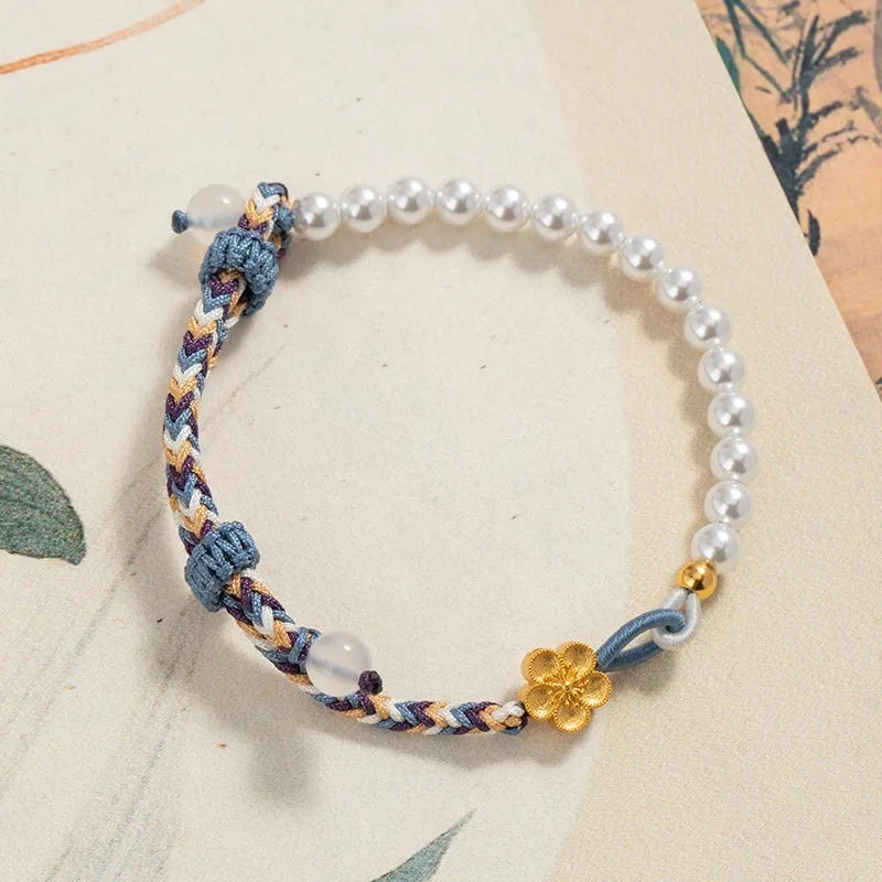 Peach-coloured sterling silver bracelet with Chinese flower weaving and pearl decoration