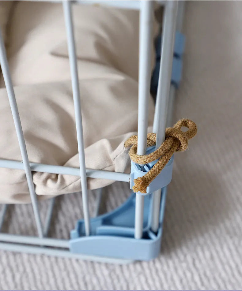 Tied dog cage cushion in beige colour showing platform design and attachment ties for metal pet cages