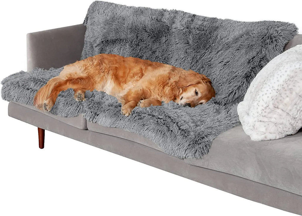 Plush waterproof double layer thickening dog cushion in dark grey colour showing size comparison