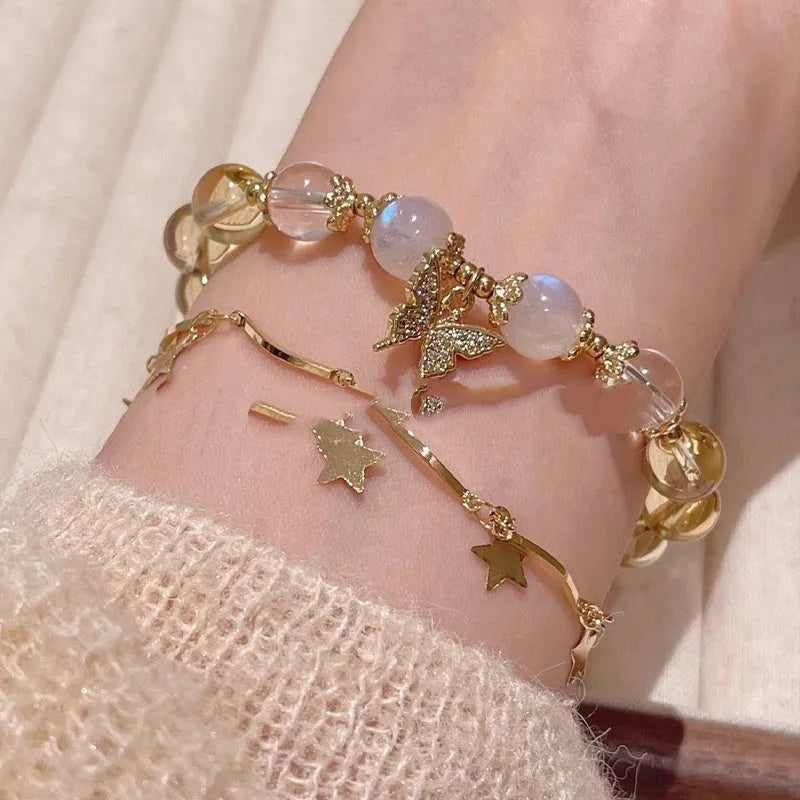 Chinese-style women's crystal bracelet with citrine butterfly and moonstone white beads