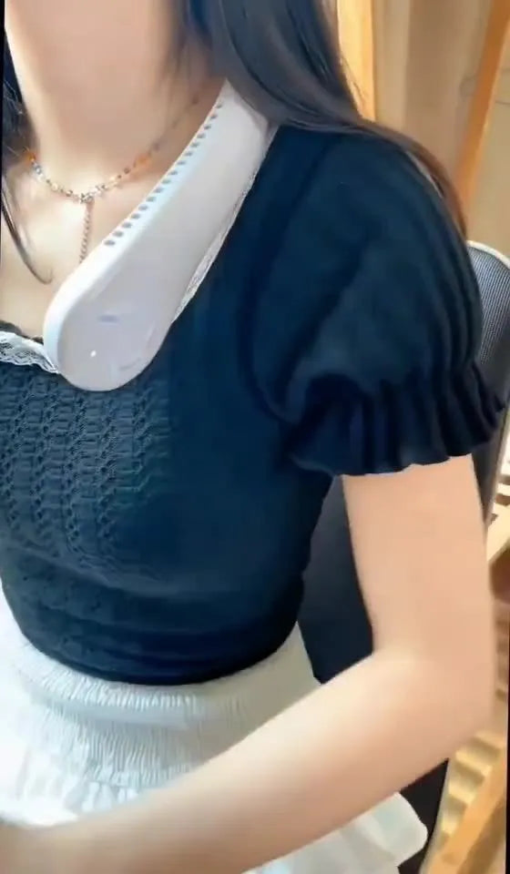 Blue USB rechargeable bladeless neck fan with a flexible neckband.