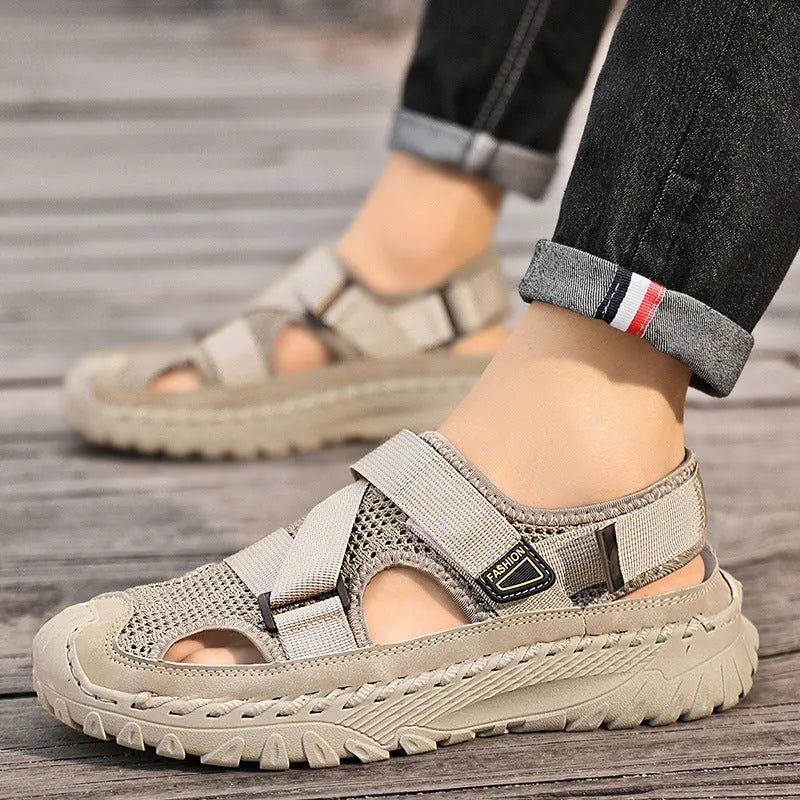 Men's casual leather sandals with mesh lining in grey, wheat, or milk tea colour on a rubber sole