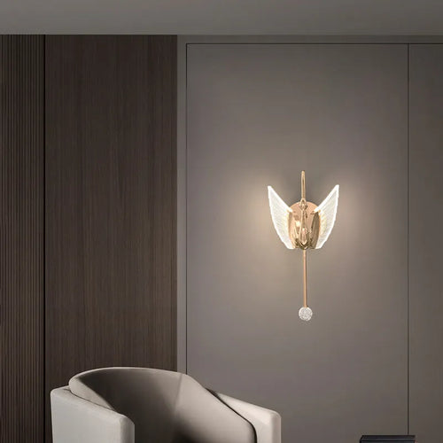 Modern gold swan neck bedside wall lamp with an acrylic shade and dimmable LED light.