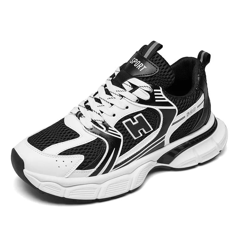 Men's mesh running shoes in three colour options showing round toe design and plastic sole construction