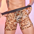 Men's leopard print nylon boxer shorts laid flat, showing the all-over animal pattern.