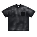Men's black loose fit cotton t-shirt with printed letter pattern and drop-shoulder short sleeves